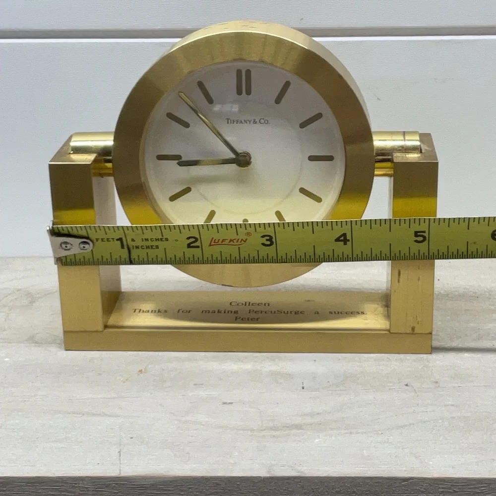 Tiffany & Co Swiss Made Brass Gimbal Desk Clock Gold Tone Swivel Office Decor